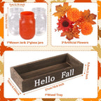 DIYDEC 3PCS Fall Mason Jars 3 * 5Inch Lighting Painted Thanksgiving Tiered Tray Decorative Jars with Wood Tray &Artificial Flowers Wishing Bottles for Autumn Holiday Home Table Centerpiece Decor Gift