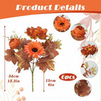 6 Pcs Fall Flowers Artificial for Decoration Silk Burnt Orange Flowers Fall Artificial Sunflowers Bouquet with Fall Leaves Stems 13 Inch Mixed Bush for Outdoor Decoration Cemetery Grave Autumn