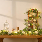 Dolicer 2Pcs 13Ft Artificial Eucalyptus Garlands with Flowers - 8 Roses, Faux Floral Greenery Garlands with 13Ft String Lights Fake Flower Vines for Wedding Table Centerpieces Arch Party Decor (White)