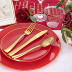NOCCUR 350PCS Red Plastic Plates - Disposable Red Gold Dinnerware Set for 50 Guests, 100 Dinner/Dessert Plates, 150 Gold Silverware, 50 Cups&50 Napkins for Party/Wedding/Birthday/Christmas