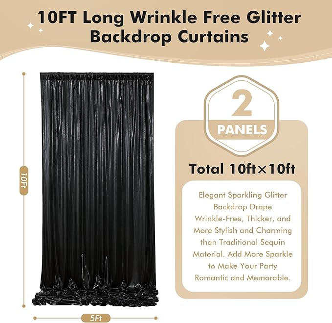 10ft x 10ft Black Glitter Sequin Backdrop Curtain for Parties, Wrinkle Free Sparking Backdrop Drapes, 2 Panels 5x10ft Shimmer Photo Back Drop Cloth for Wedding Birthday Photography Background