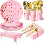 141 Pieces Pink and Gold Party Supplies, Party Dinnerware Sets Include Paper Plates Napkins Cups Silverware, for Wedding Bridal Shower Engagement Birthday Parties Decoration -20 Serves