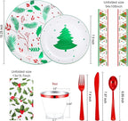 Festiva 176Pcs Christmas Plastic Plates Heavy Duty- Christmas disposable Dinnerware Set-include 50Plates 25Plastic Silverware 25Cups 25Holly Berry Napkins