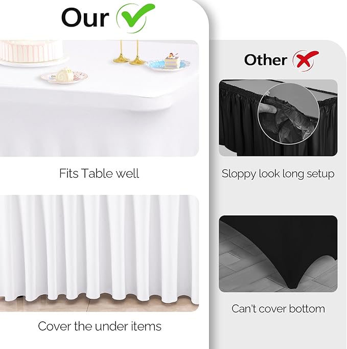 Wish Care 2 Pack White Spandex Table Clothes for 4 Foot Rectangle Tables, 4FT Wrinkle Free Fitted Tablecloths Ruffles Design Table Cover for Party, Banquet, Wedding and Events