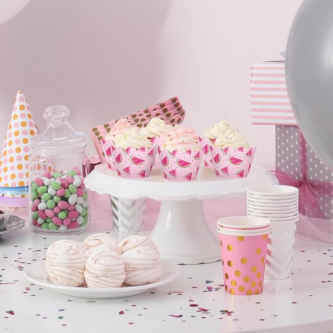 Whaline 36Pcs Watermelon Cupcake Wrappers Watercolor Pink Watermelon Cupcake Liners Decorative Cupcake Holders for Birthday Baby Shower Summer Dessert Decor