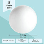 Juvale Sphere Craft Foam Balls - 7.5-Inch White Polystyrene Spheres - 2 Pack for DIY Projects, Floral Centerpieces & Home Decor