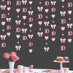 40Ft Pink 10th Bow Birthday Decorations Hot Pink Conquette Bow Heart Garland Streamer Banner for Girls Happy 10th Birthday Double Digits I'm 10 Cheers to 10 Years Old Anniversary Party Supplies