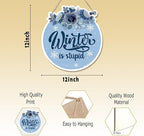 CGBHW Funny Navy Blue Winter Christmas Wooden Sign, Winter Snowflake Snowy Dusty Blue Flowers Decoration Hanging Sign Wall Decor, Christmas Seasonal Holidays Wooden Signs for Home Door Decor 12 x 12 Inch