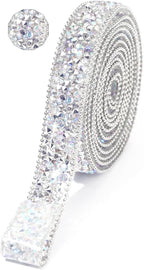 Rhinestone Ribbon 3 Yards Self Adhesive Rhinestone Strips Diamond Ribbon Sticker Crystal Roll Glitter Bling Rhinestones Tape for Crafting DIY Art Decoration (Silver AB,0.6 Inch)