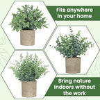 3 Pack Small Fake Plants, Artificial Eucalyptus, Boston Fern & Boxwood Leaves with Gray Paper Pulp Pots, Small Potted Faux Greenery for Home Decor, Bathroom, Shelf, Indoor&Outdoor Decoration