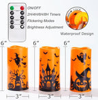 Homemory Halloween Candles, Orange Flameless Candles, Battery Operated Decals Plastic LED Pillar Candles with Remote Timers for Outdoor Day of The Dead, Halloween Spooky Decor, Waterproof, Set of 3
