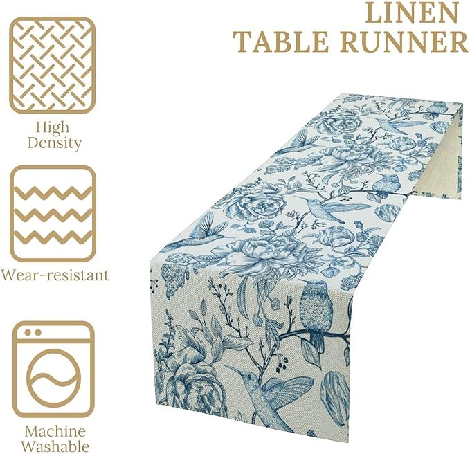 Blue White Table Runner Retro Monochrome Sketch Birds Flower Vintage Floral Kitchen Dining Table Decoration for Home Party Holiday 13"x108"