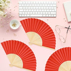 12 Pieces Red Hand Held Bamboo Folding Fans Paper Fans Handheld for Women Foldable Girls Wedding DIY Decoration Church Home Party Favors Summer