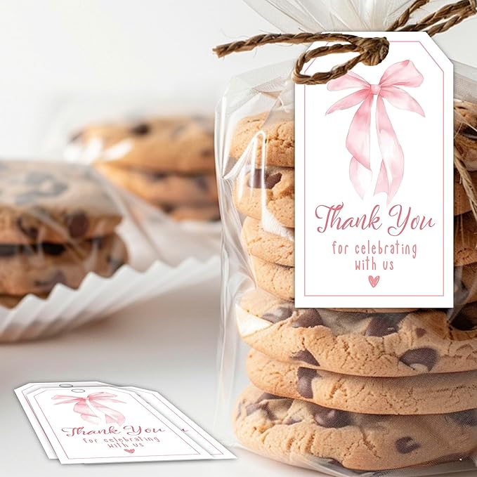 Thank You Label with String, 2x3.5 Inch Pink Bow Gift Tags, Thank You for Celebrating with Us Tag, Paper Personalized Design Gift Label for Wrapping Party Favor-A11