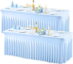 2 Pack Baby Blue Spandex Table Clothes for 6 Foot Rectangle Tables, 6FT Wrinkle Free Fitted Tablecloths Ruffles Design Table Cover for Party, Banquet, Wedding and Events