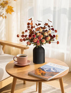 BLOSMON Fall Flowers in Vase for Centerpieces: Metal Vase with 12 Stems of Fake Mums Kiku Flowers Eucalyptuses Home Thanksgiving Table Decoration - Burnt Orange Artificial Pom Poms Floral Arrangement