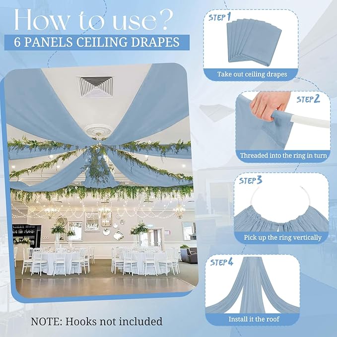 6 Panels Dusty Blue Ceiling Drapes for Wedding, 5ftx20ft Ceiling Drapes Cheesecloth Sheer Fabric Curtain Wedding Arch Draping Fabric Romantic Ceilings Decorations for Weddings Party Ceremony Stage