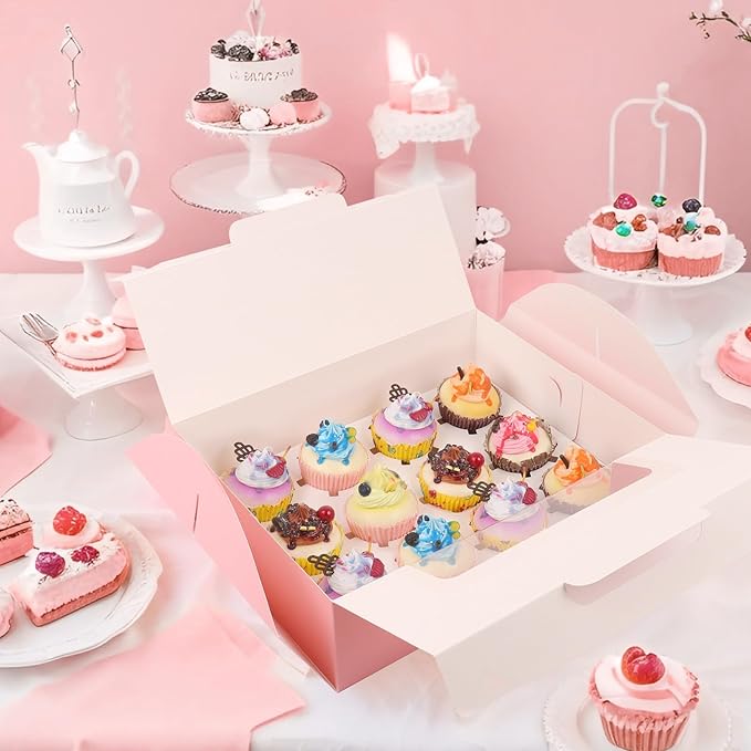 30 Pcs Cupcake Boxes, 12 Count Muffin Boxes with Handle, Window, and Inserts, Pink Cupcake Holders Bakery Carrier Boxes for Cookies Treats Dessert