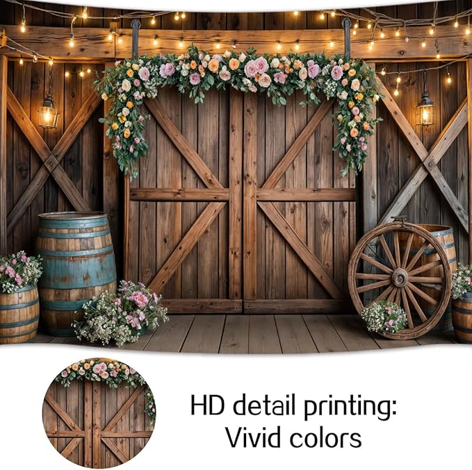 6x4ft Country Wedding Photography Backdrop Rustic Barn Door Photography Backdrop Farmhouse Pink Flower Cabin Wooden Birthday Baby Shower Wedding Bridal Party Banner Photo Booth Props Background