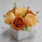 LADADA Artificial Roses in White Ceramic Vase, Orange and Cream Fake Flowers with Eucalyptus Stems, Faux Floral Arrangement for Home Decor, Table Centerpiece for Dining Table, Kitchen, Office