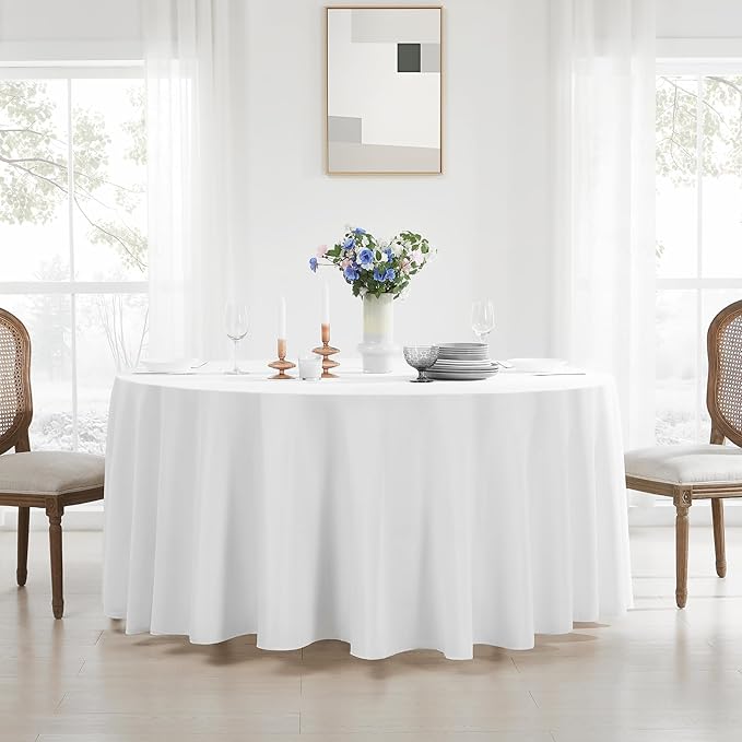 Round Tablecloth 6 Pack 108 Inch White Tablecloths Washable Decorative Linen Polyester Table Clothes Cover for Dining Table Banquets Buffet Parties and Wedding