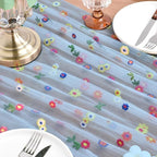 Joanlody Blue Embroidery Daisy Fall Thanksgiving Table Runner Florals Seasonal Tulle Table Runner Holiday Kitchen Dining Table Decoration Wedding Party