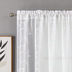 VISIONTEX Sheer Voile Curtains, Decorative White Leaves Embroidery Faux Linen Rod Pocket Window Drapes for Home Kitchen, Living Room and Bedroom 54 x 54 Inch, Set of 2 Curtain Panels