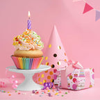Aimyoo Pink Birthday Wrapping Paper Roll - 17 Inch X 16.4 Feet - Gold Foil Celebration Cake, Balloon, Happy Birthday Lettering Design Gift Wrap for Kids, Baby Showers
