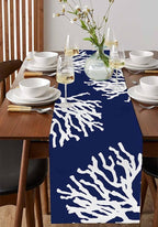 Coastal Coral Cotton Linen Table Runner for Dining Kitchen, Wedding Outdoor Party Tablerunners Decoration, Navy Blue Nautical Ocean Beach Dresser Scarf Coffee Tablecloth Runners 13x120 Inches