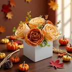 LADADA Artificial Roses in White Ceramic Vase, Orange and Cream Fake Flowers with Eucalyptus Stems, Faux Floral Arrangement for Home Decor, Table Centerpiece for Dining Table, Kitchen, Office