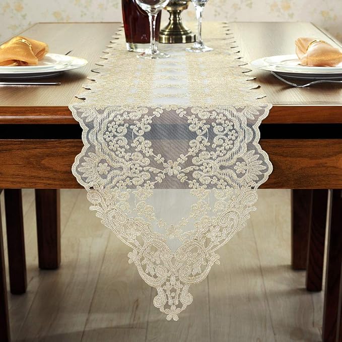 ARTABLE Rectangle Table Runner Lace Macrame Embroidered Table Runners with Exquisite Vintage Shabby Chic for Holiday Wedding Long Dinner Tables (Light Gold, 12 x 70 Inch)