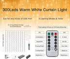 Ollny Christmas Curtain Lights 300 LED 9.8 FTx9.8 FT, Outdoor Waterproof Curtain String Lights with Remote Timer 8 Modes, USB Waterfall Window Lights for Wall Backdrop Home Decorations (Warm White)