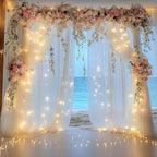 Tulle Backdrop Curtain with Lights String 10FT X 8FT Ivory Sheer Tulle Backdrop Curtains for Wedding Birthday Party Reception Photo Booth Background Decorations (2 Panels 5x8FT)
