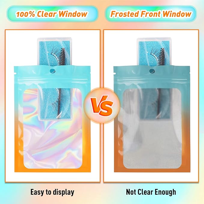Funfery 100 Pack Gradient Holographic Bags,Mylar Resealable Bag with Zipper,Clear Window Packaging Pouch,Smell Proof Foil Bag for Food Storage,Sample Jewelry Baggies(6.3x9.4In,Blue Orange)
