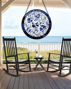Stained Glass Window Hanging, Blue and White Abstract Flowers Sun Catcher for Door Home Decor Suncatcher Christmas Mother's Day Birthday Gifts for Women Men Mom and Nana 6.3 in