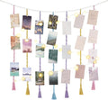 Mkono Macrame Hanging Photo Display Wall Decor with String Lights, Boho Wooden Beads Garland Collage Picture Card Frame Holder with 45 Clips for Bedroom Living Room Dorm, Teen Girls Christmas Gifts
