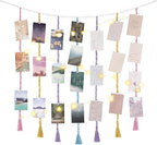 Mkono Macrame Hanging Photo Display Wall Decor with String Lights, Boho Wooden Beads Garland Collage Picture Card Frame Holder with 45 Clips for Bedroom Living Room Dorm, Teen Girls Christmas Gifts