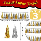 3P Gold Silver Metallic Fringe Tassel Banner Garland Foil Tinsel Streamer Wall Hanging Curtain Backdrop Banner for Parade Floats, Graduation Decorations, Father' Day, Halloween, Christmas Decorations