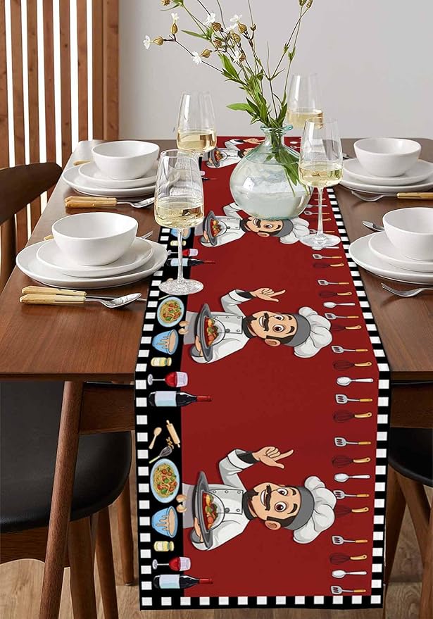 Red Chef Gourmet Cotton Linen Table Runner for Dining Kitchen, Wedding Outdoor Party Tablerunners Decoration, Black White Check Plaid Funny Kitchen Dresser Scarf Coffee Tablecloth Runners 13x72 Inches
