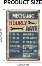 Funny Mechanic Hourly Rate Tin Sign - Vintage Metal Wall Decor for Garage, Auto Shop, or Man Cave - Hilarious Gift for Mechanics & Car Lovers 8"x12"