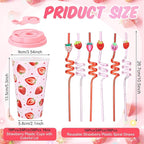 Yungyan 24 Sets Strawberry Party Favors Goodie Cups with Lids and Straws for Birthday Decorations Reusable 16oz Plastic Candy Cups Plastic Straws for Birthday Party (Strawberry)