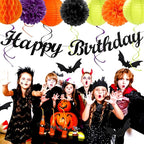 Black-Green Orange-Purple Halloween Birthday Party-Decorations - 21pcs Happy Banner,Paper Lanterns Honeycomb,Tissue Pom Poms Flower Fan,Kids Classroom Hanging Streamers Garland Decor Supplies Huglony