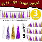 3P Metallic Fringe Tassel Banner Garland Foil Tinsel Streamer Wall Hanging Curtain Backdrop Banner for Parade Floats, Graduation, Carnival Mardi Gras Party Decorations(Gold Purple)