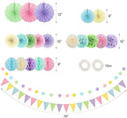 Pastel Party Decorations, 24Pcs Birthday Classroom Baby Shower Decor with Hanging Paper Fans, Pom Poms Flowers Packs for Girls Kids Birthday Rainbow Party, Macaron Carnival Theme Hanging Supplies