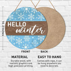 Muktoujaumai Hello Winter Sign Front Door Decor, Christmas Round Hanging Sign Decor Farmhouse Snowflake Xmas Holiday Wall Decorations Winter Wood Sign for Door, Porch, Home