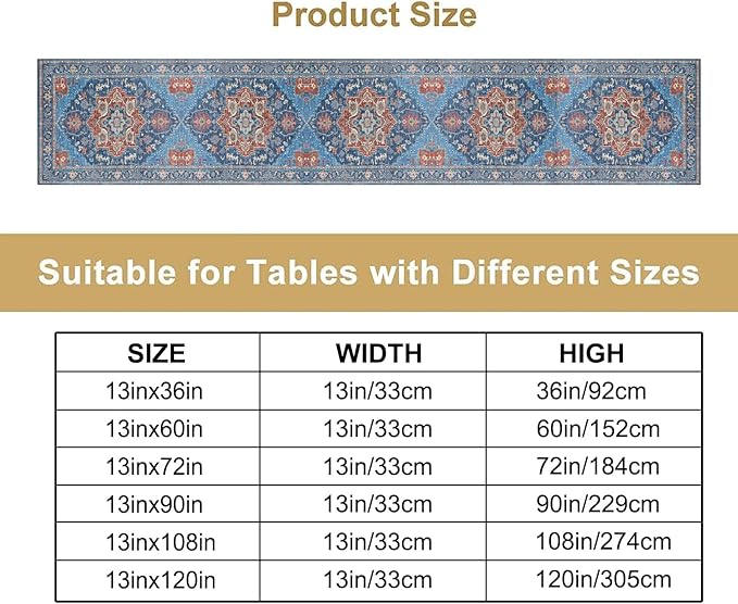 Boho Floral Vintage Table Runner, Retro Abstract Blue Flower Rustic Country Farmhouse Pattern for Home Kitchen Table Decor Dining Coffee Room Party Decor 13x90in