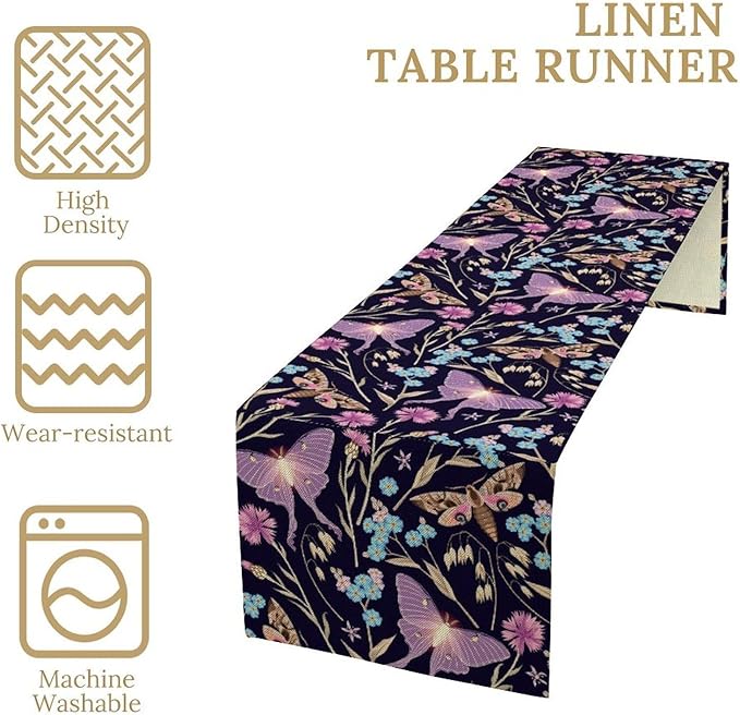 Moth Table Runner, Boho Aesthetic Moth Magic Table Runner for Home Kitchen Dining Party Indoor Outdoor Decoration 13x36 Inch