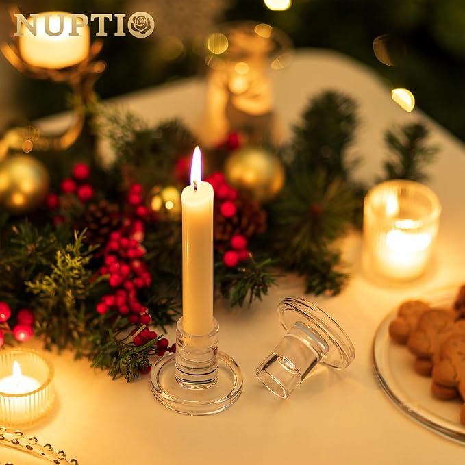 NUPTIO Candle Stick Candle Holder: Set of 20 Short Taper Candlestick Holders Bulk Small Modern Glass Tapered Candleholders for Wedding Christmas Holiday Centerpiece