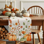 Fall Wildflowers Cotton Linen Table Runner for Dining Kitchen, Thanksgiving Pumpkin Outdoor Party Rustic Tablerunners Decoration, Botanical Floral Vintage Dresser Scarf Tablecloth Runners 13x60 Inches