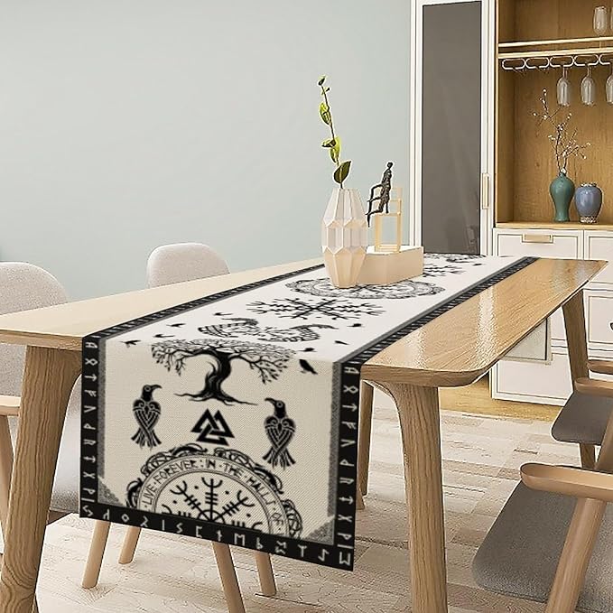 Ancient Abstract Pattern Table Runner, Tree of Life Eagle Dragon Boat Rudder Black and White Table Runner for Party Kitchen Dinner Cafe Bedroom Living Room Outdoor Table Runner 13x120 Inch